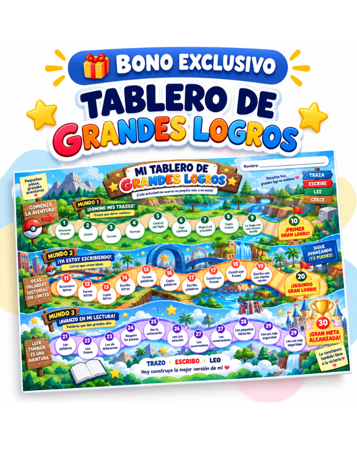 Tablero ilustrado con camino, estrellas y logros de aprendizaje